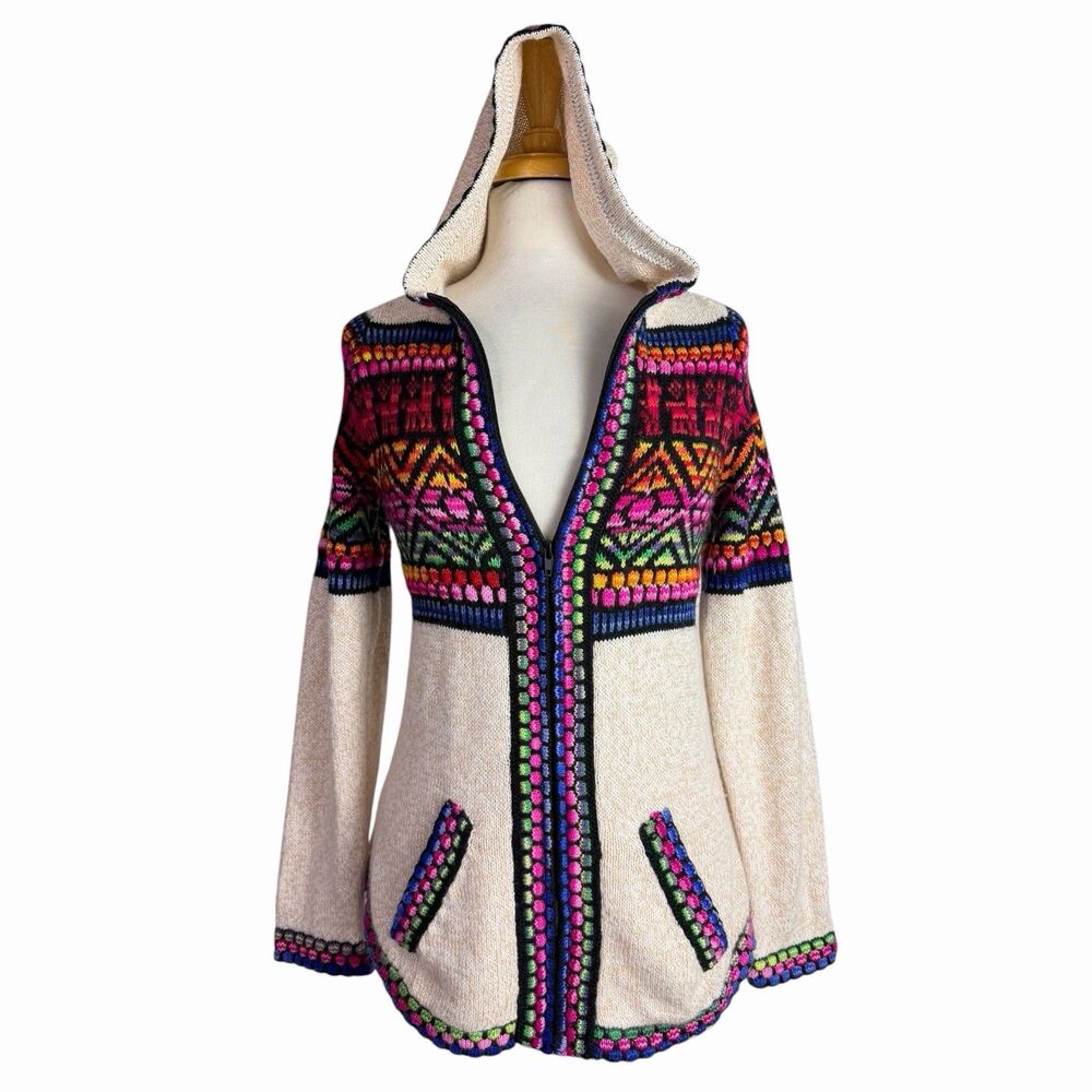 VTG 70s Peruvian Alpaca Knit Hooded Cardigan Sweater Rainbow Boho Llama Small XS